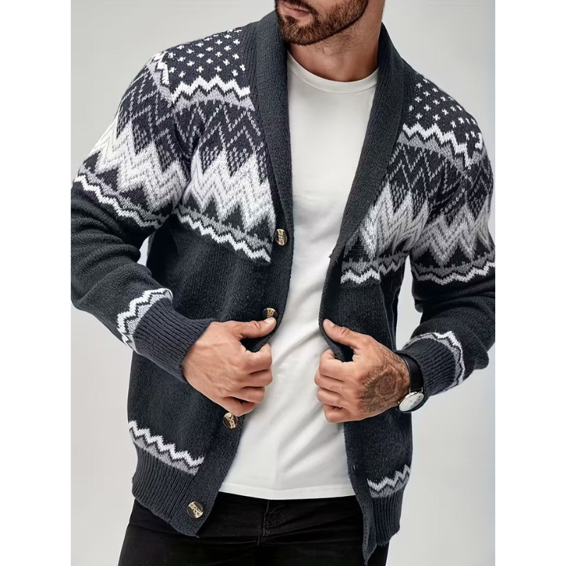 Zion Cardigan Homme à Col Châle – Maille Géométrique avec Finitions Contrastées