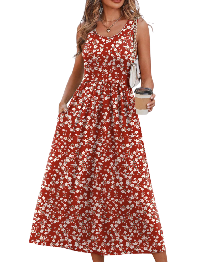 Vestido Midi Jensy Feminino – Vestido Fluido Corte A com Bolsos, Cintura Império e Corte Elegante de Verão