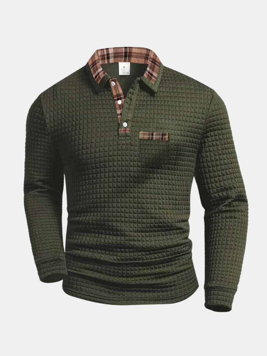 Men's Dumont Lyon Polo Shirt – Elegant Checkered Pattern, Long Sleeves & Refined Style