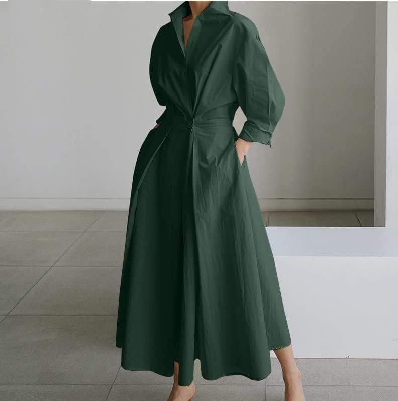Sophie Vestido Camisa Maxi – Vestido Longo com Gola de Camisa e Cintura Fruncida Elegante para Mulher