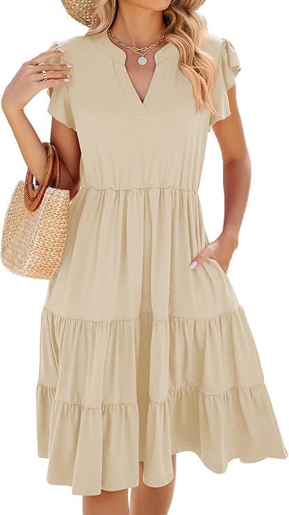 Vestido Midi Mila Mulher – Vestido Decote V com Folhos Sem Mangas com Bolsos Verão