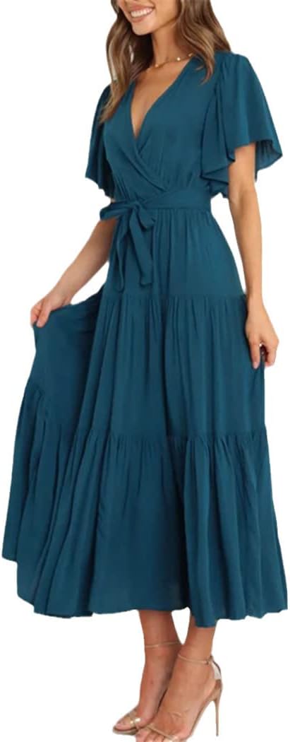 Elisa Damenkleid – Maxikleid mit V-Ausschnitt, hoher Taille, Volants, Boho-Sommer, elegant