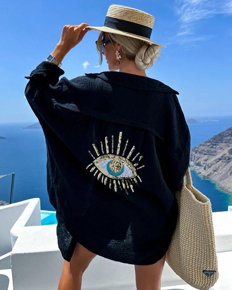 Camisa de mujer de Gelli de gran tamaño: bordado de tela de lentejuelas transpirable con lentejuelas y luz