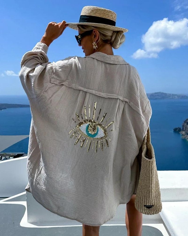 Camisa de mujer de Gelli de gran tamaño: bordado de tela de lentejuelas transpirable con lentejuelas y luz