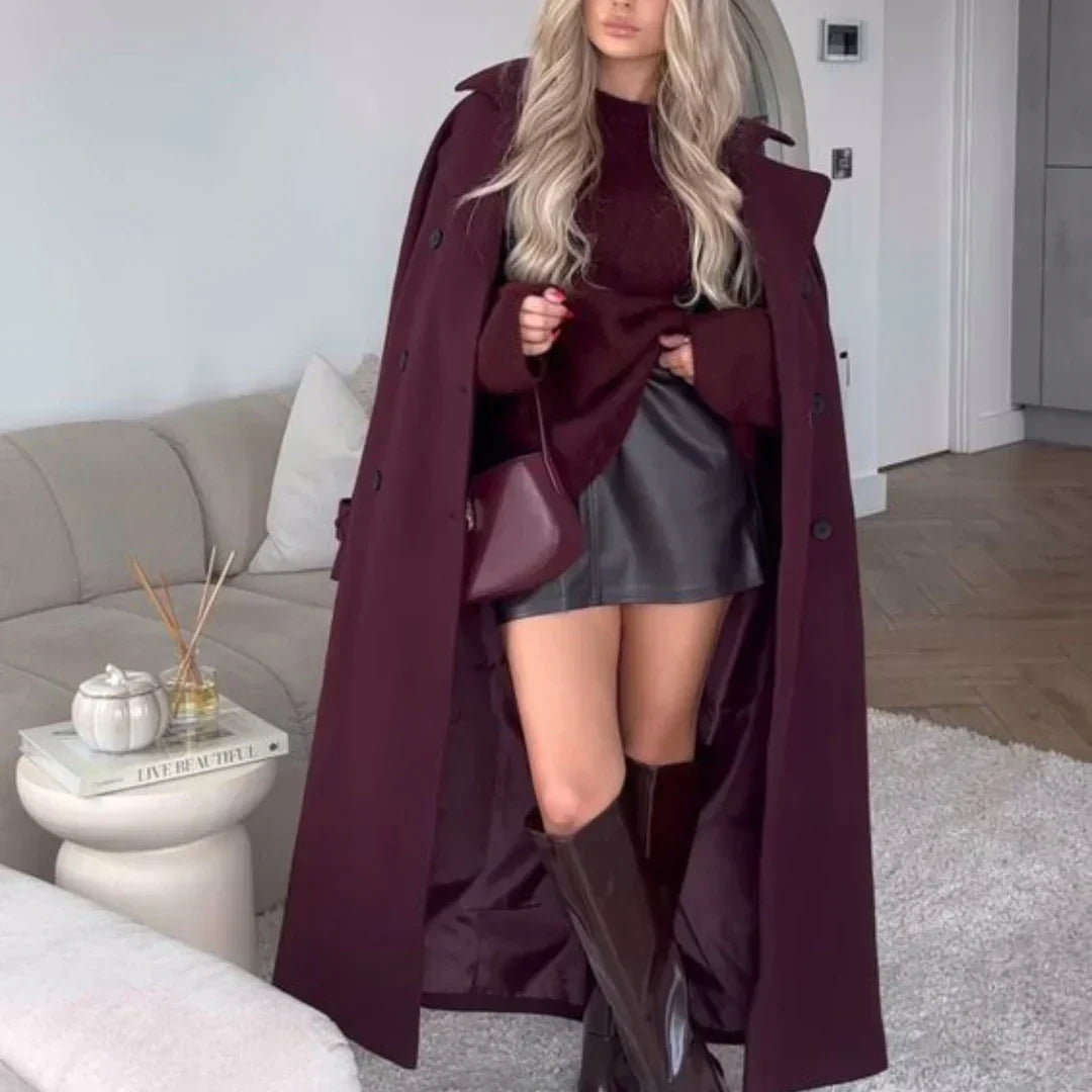 Victoria Dámsky Oversize Kabát – Kabát Zmiešaná Vlna Burgundská Elegantný Strih