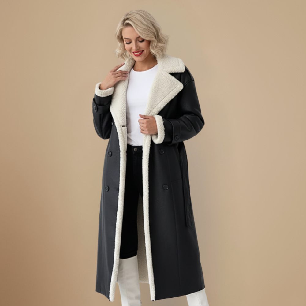 Rinna Casaco Longo Mulher – Casaco com Duplo Abotoamento Efeito Camurça com Gola Forrada & Estilo Chic
