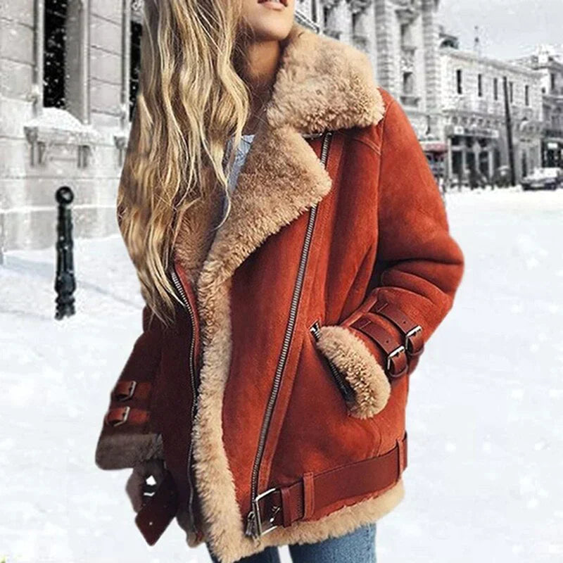 Kaiya Veste Biker Femme – Blouson Aviateur en Similicuir avec Doublure Shearling