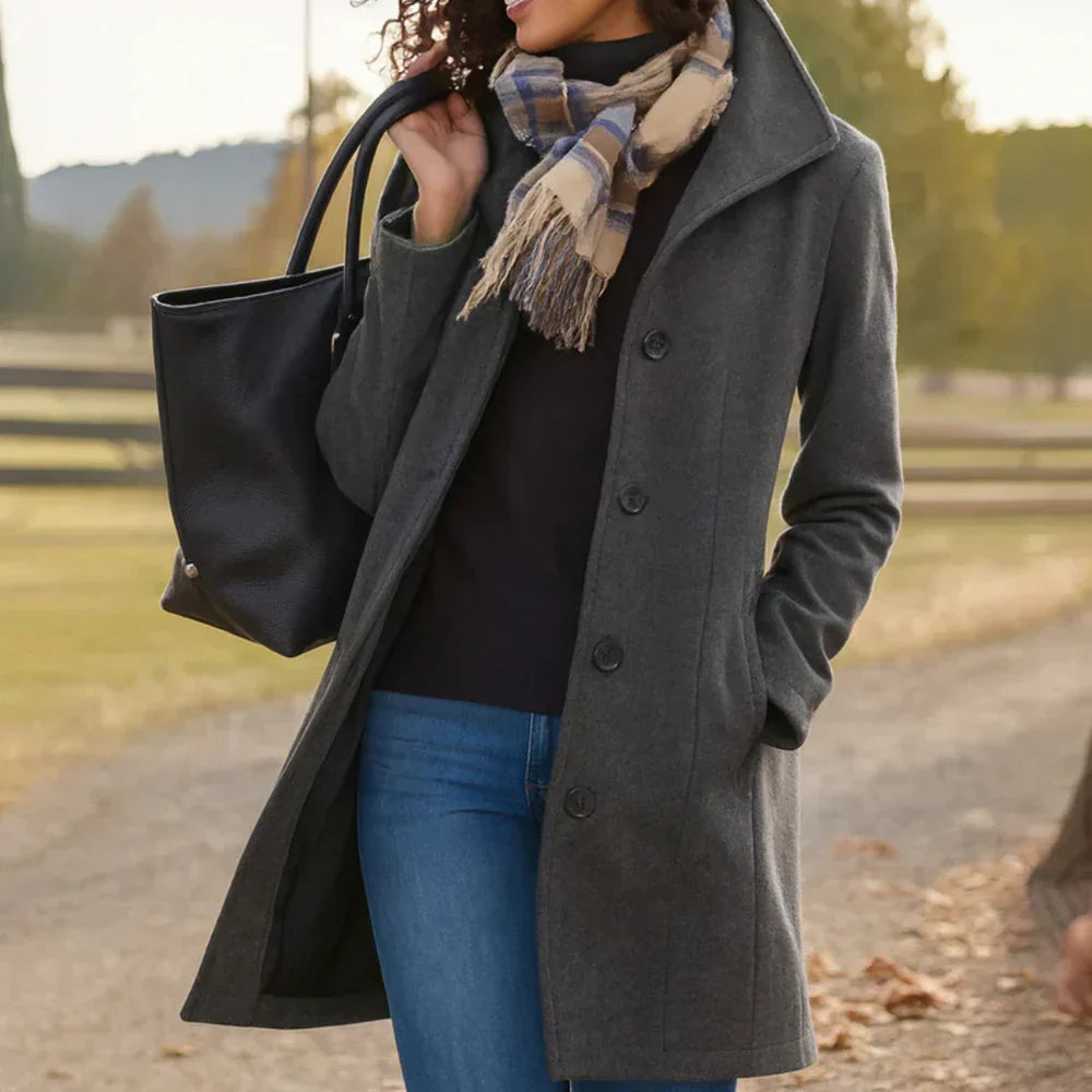 Prisha Long Coat Women – Classic Cut with Front Buttons & Elegant Style for Cold Season