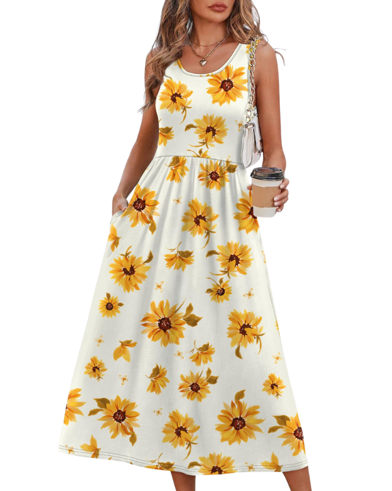 Vestido Midi Jensy Feminino – Vestido Fluido Corte A com Bolsos, Cintura Império e Corte Elegante de Verão