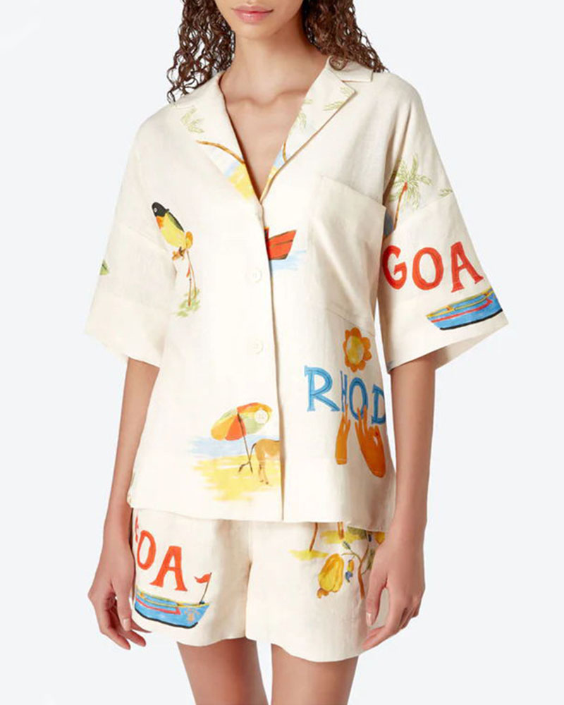 Stella Women's Linen Set – Summer Coordinated Outfit with Tropical Print, Light Shirt & Comfortable Shorts