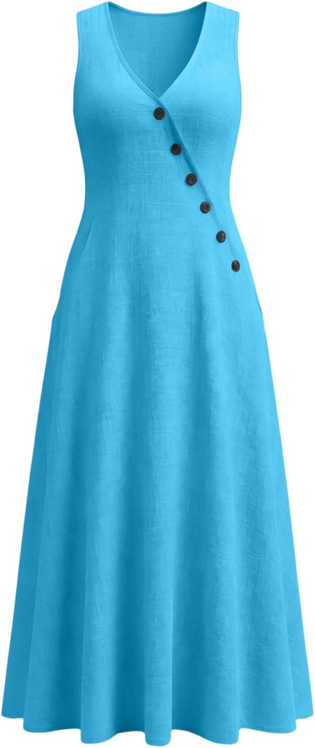 Laura Abito Donna – Abito Midi Cotone Scollo a V Senza Maniche Bottoni Taglio A-Line Estate