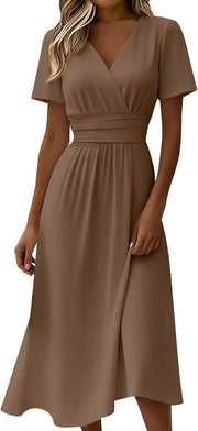Claire Robe Femme – Robe Midi Col V Cache-Cœur Taille Empire A-Line Élégante Été