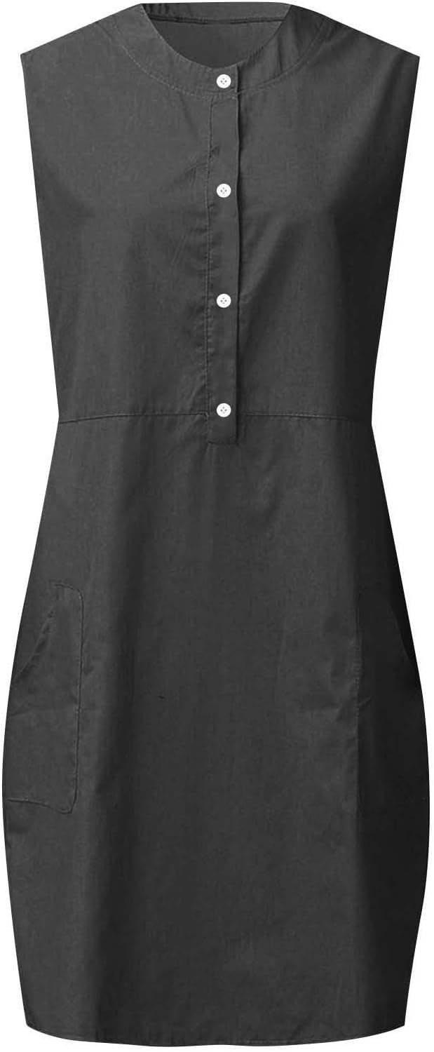 Vestito Nina Donna – Vestito Mini in Lino con Scollo Rotondo, Senza Maniche, Taglio Fluido con Tasche Estate