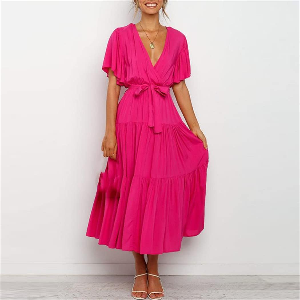 Elisa Damenkleid – Maxikleid mit V-Ausschnitt, hoher Taille, Volants, Boho-Sommer, elegant