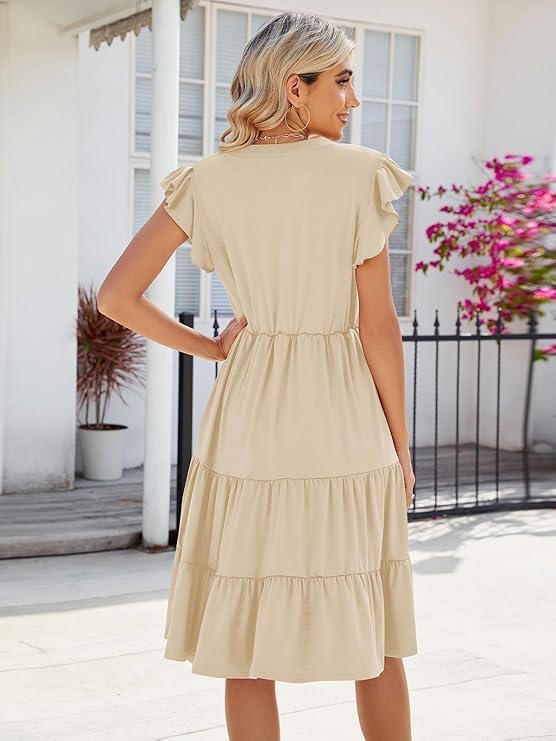 Vestido Midi Mila Mulher – Vestido Decote V com Folhos Sem Mangas com Bolsos Verão