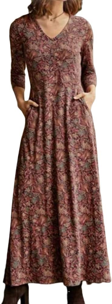 Camille Damen Maxikleid – Blumiges Boho-Kleid mit V-Ausschnitt und Taschen