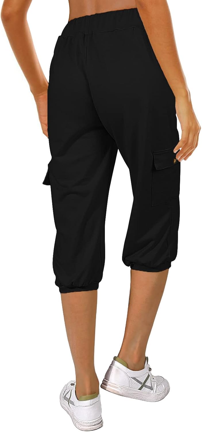 Léa Pantalon Capri Femme – Pantalon 3/4 Taille Haute avec Poches & Cordon Ajustable