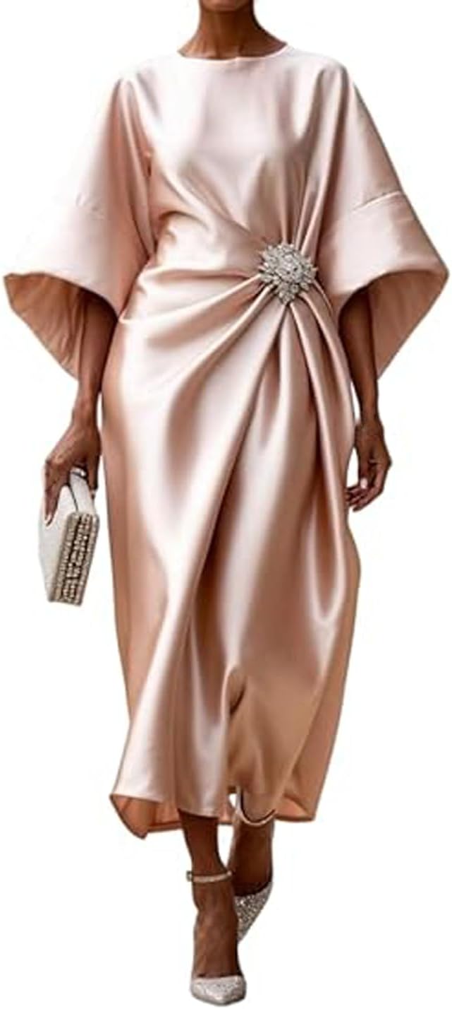 Vestido Longo de Cetim Victoria para Mulher – Vestido Elegante com Mangas Morcego e Cintura Plissada