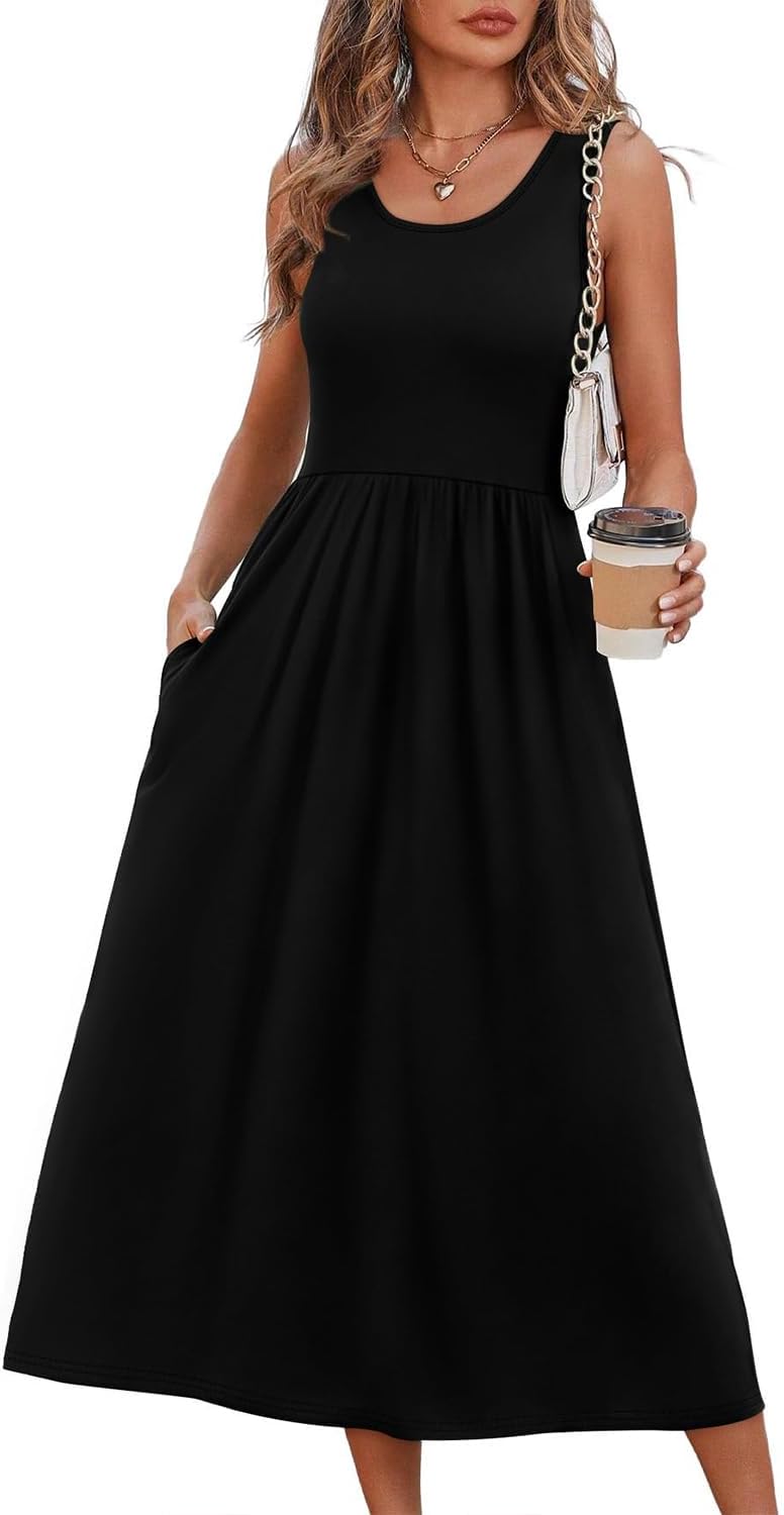 Vestido Lina para mujer – Vestido maxi floral bohemio con cuello redondo, sin mangas, con bolsillos, verano