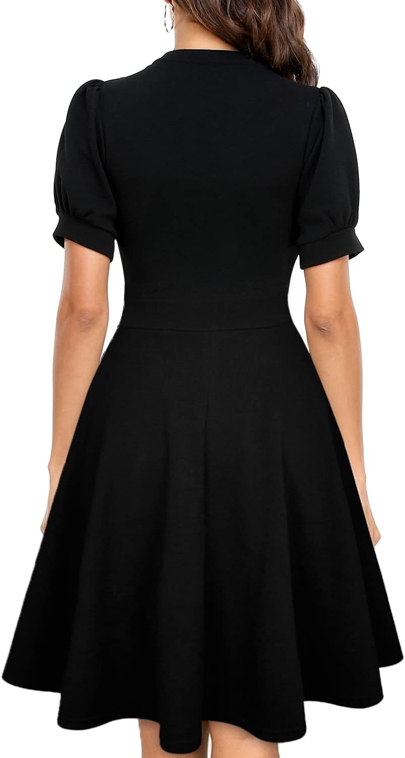 Sophie Kleid Damen – Ausgestelltes Kleid mit V-Ausschnitt, Puffärmeln und Taschen, elegant