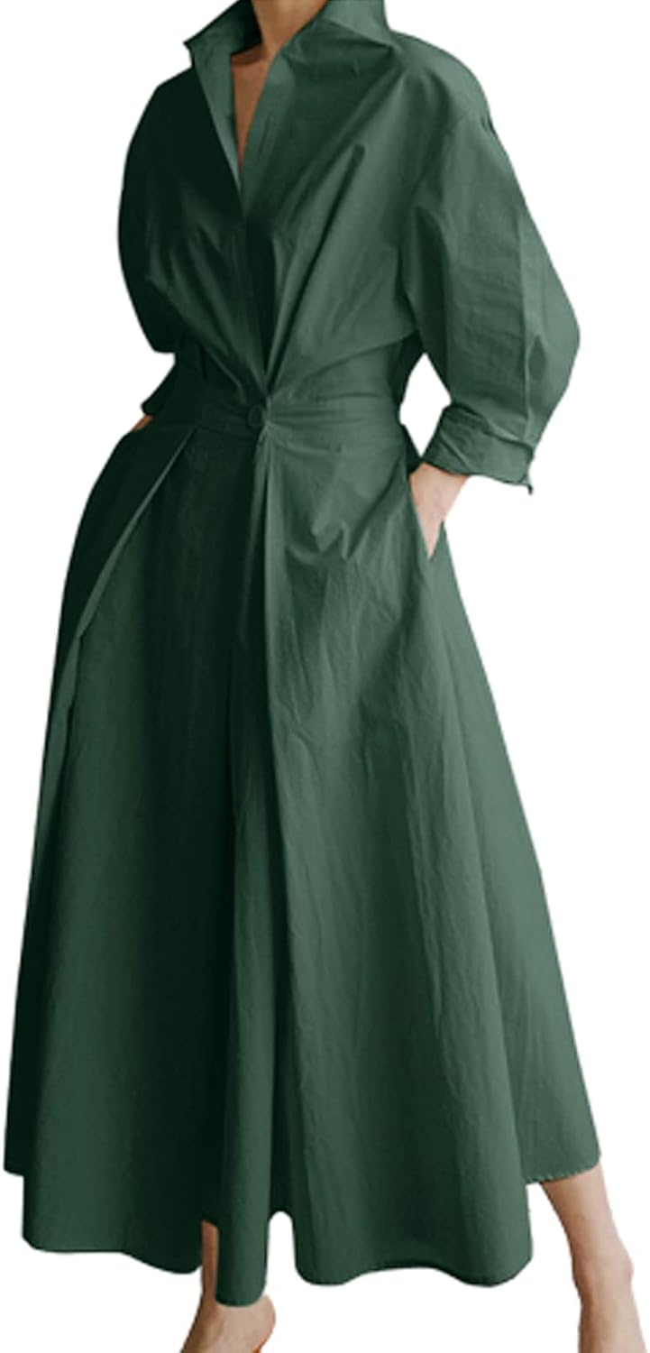 Sophie Vestido Camisa Maxi – Vestido Longo com Gola de Camisa e Cintura Fruncida Elegante para Mulher