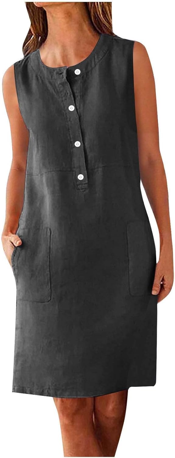 Vestito Nina Donna – Vestito Mini in Lino con Scollo Rotondo, Senza Maniche, Taglio Fluido con Tasche Estate
