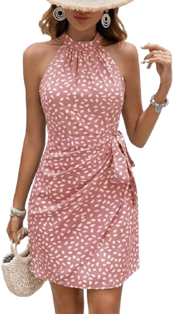 Lina Robe Mini Femme – Robe Fleurie Col Halter Volants Taille Nouée Été