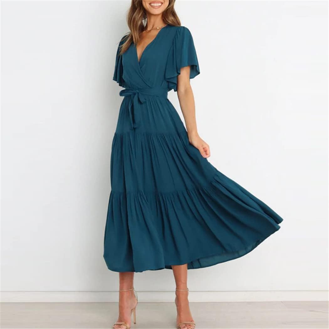 Elisa Damenkleid – Maxikleid mit V-Ausschnitt, hoher Taille, Volants, Boho-Sommer, elegant