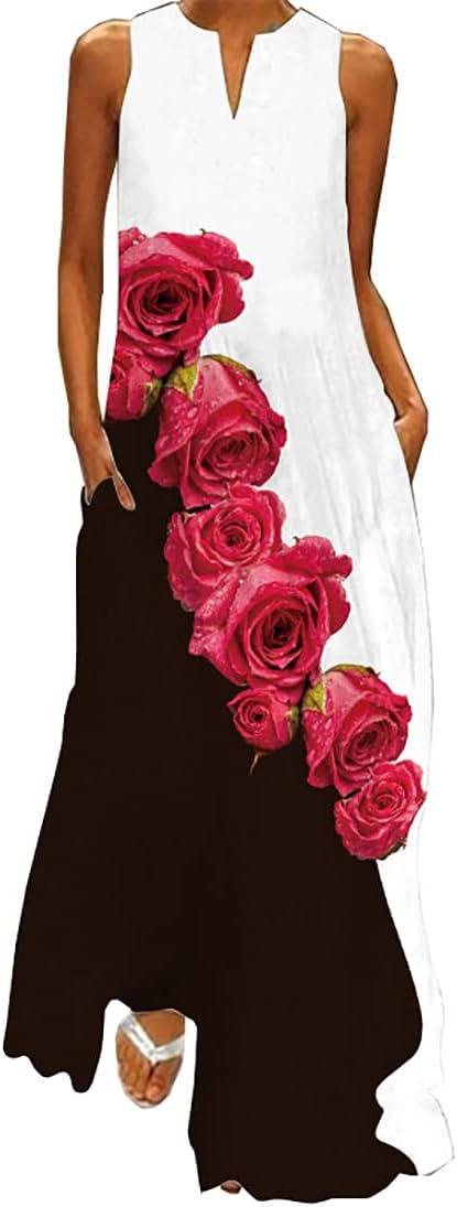 Maëlys Vestido Largo Bohemio Floral para Mujer – Vestido Maxi Fluido Sin Mangas con Escote en V y Bolsillos