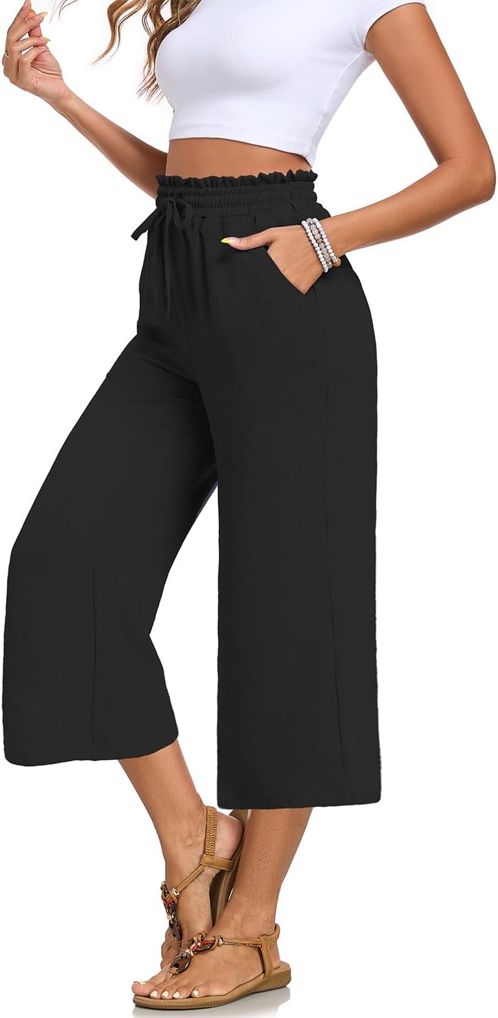 Joanna Women's Capri Pants – Wide Cut, High Elastic Waist, Lightweight Chic Summer