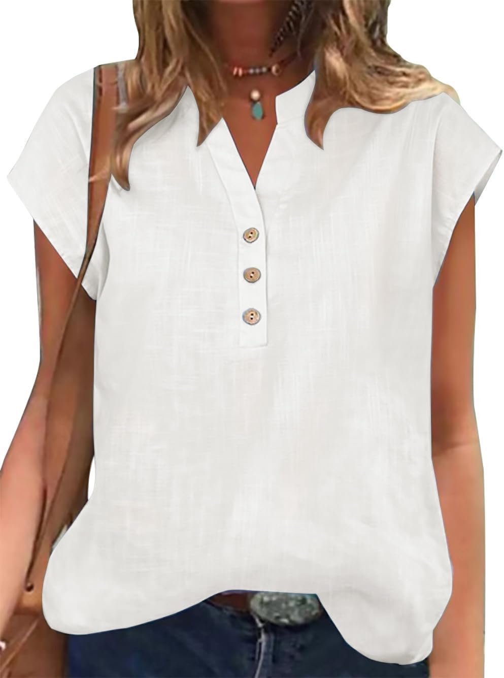 Blusa Emma Donna – Top Cotone Lino Scollo a V Maniche Corte Tunica Estiva Chic