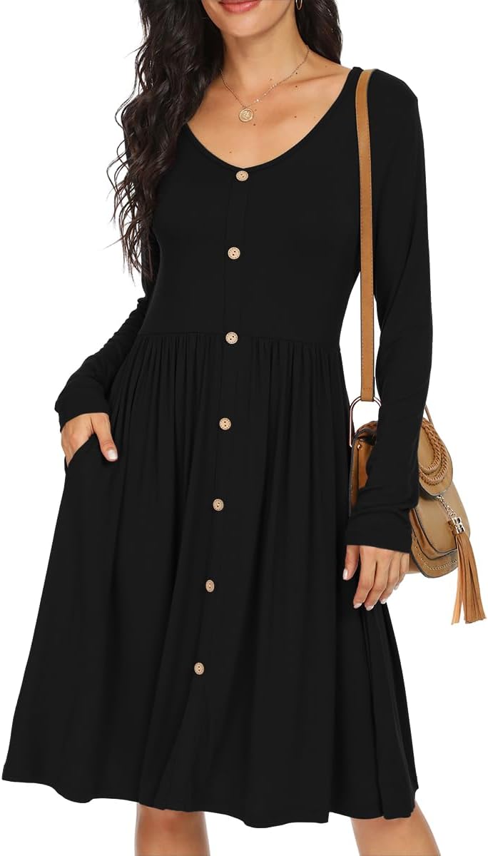 Julie Robe Midi A-Line – Robe Casual Manches Longues avec Poches Femme