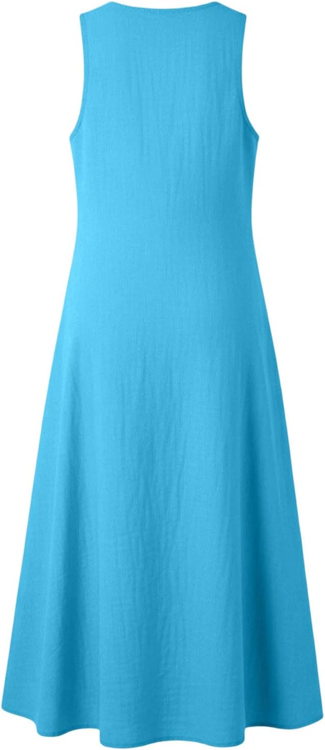 Laura Abito Donna – Abito Midi Cotone Scollo a V Senza Maniche Bottoni Taglio A-Line Estate