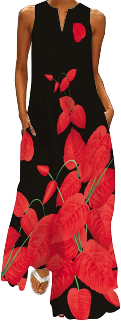 Maëlys Vestido Largo Bohemio Floral para Mujer – Vestido Maxi Fluido Sin Mangas con Escote en V y Bolsillos