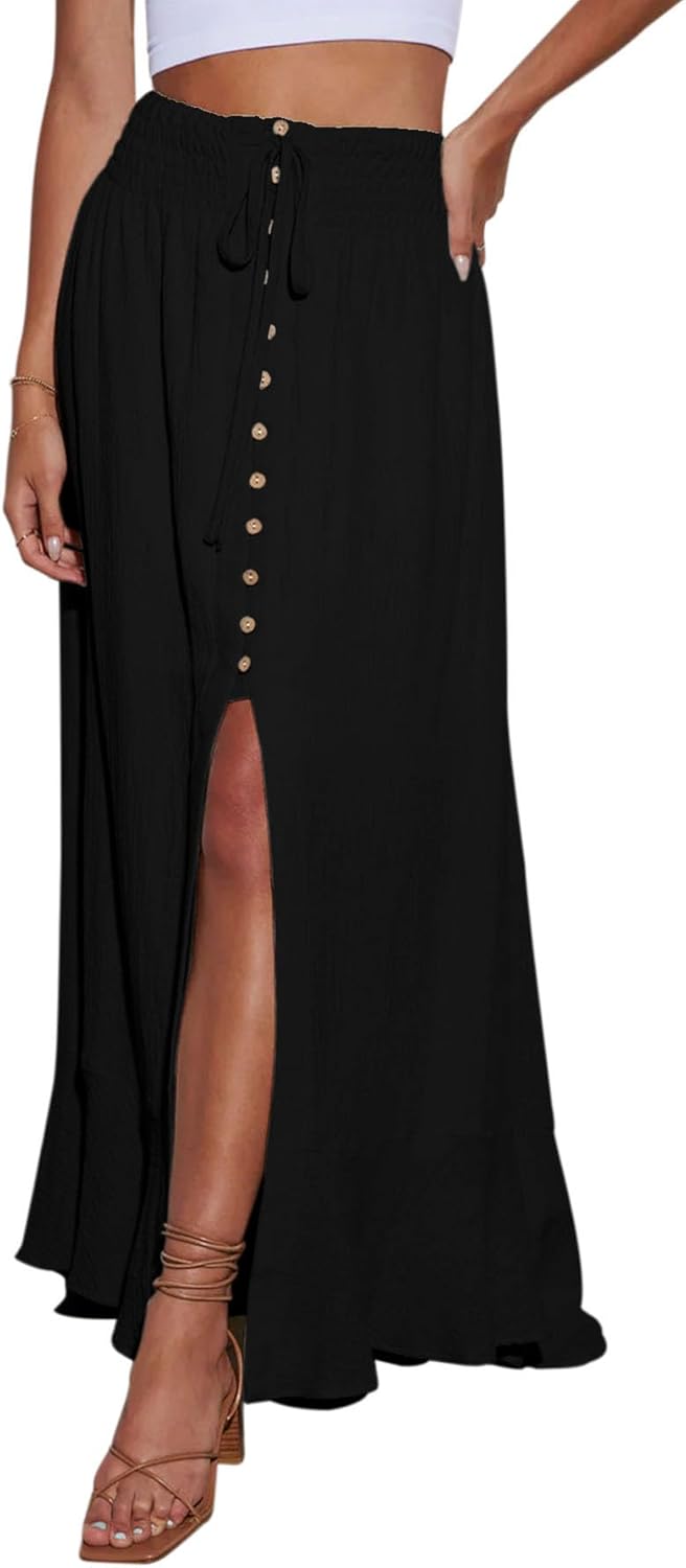 Falda larga Mayen para mujer – Falda maxi con cintura elástica, abierta y fluida para verano