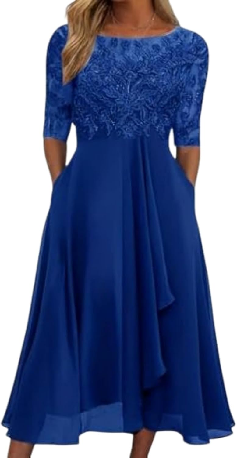 Isabelle Robe Femme – Robe Maxi Dentelle Col V Manches Mi-Longues Élégante Mariage