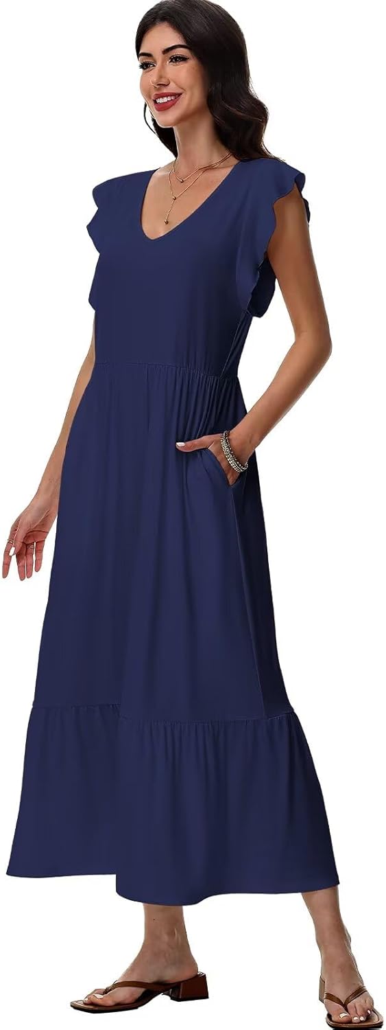 Elena Damenkleid – Midikleid mit Blumenmuster, V-Ausschnitt, fließendem Schnitt und Taschen, Sommer