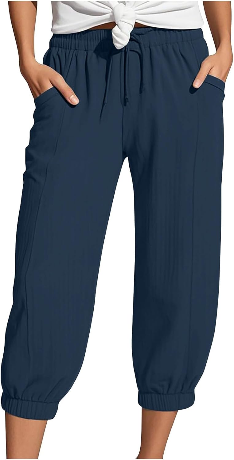 Camille Damen Capri-Hose aus Leinen – Weite Hose mit hohem Bund und Kordelzug