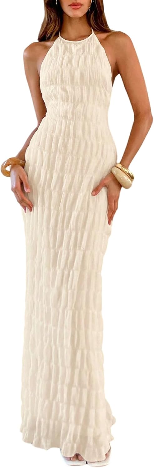 Sukienka Eva Maxi Damska – Elegancka sukienka bodycon z odkrytymi plecami i wiązaniem na szyi, styl Old Money