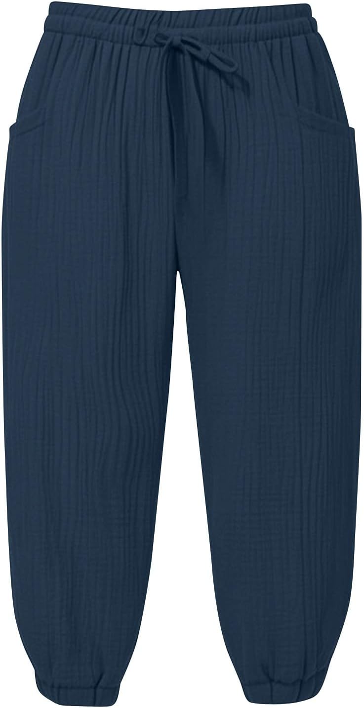 Camille Damen Capri-Hose aus Leinen – Weite Hose mit hohem Bund und Kordelzug