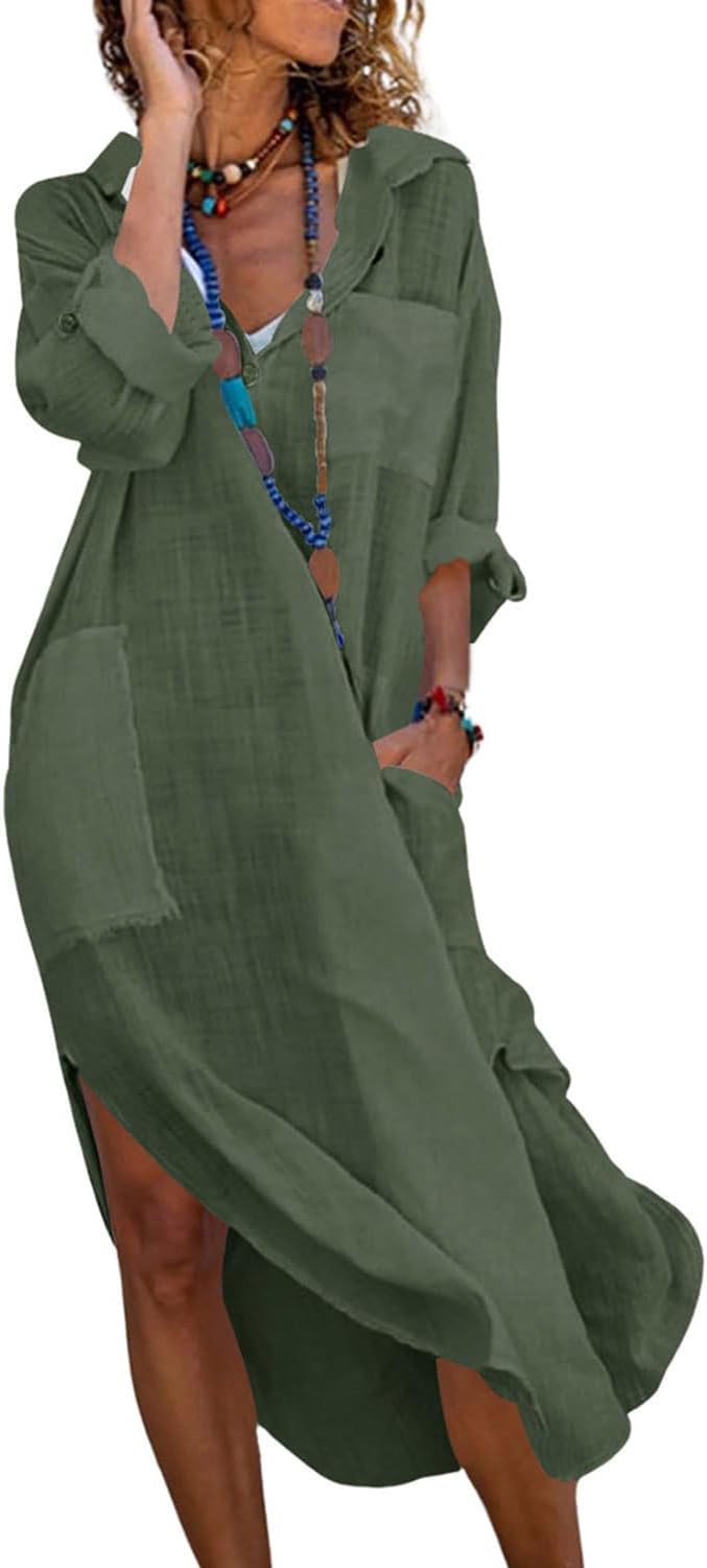 Emma Langes Hemdblusenkleid Damen – Leinen-Baumwollkleid mit Knopfleiste, Schlitz und Taschen