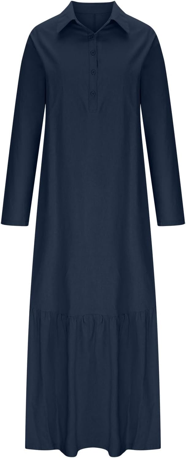 Vestido Longo Élina para Mulher em Algodão e Linho – Vestido Camiseiro Largo com Bainha Assimétrica
