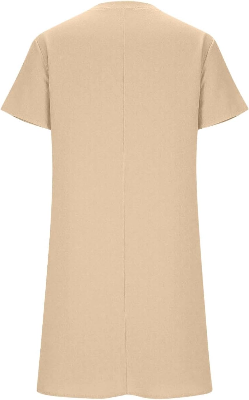 Sukienka Clara dla kobiet – mini sukienka T-shirt z lnem, okrągły dekolt, krótkie rękawy, luźny krój, lato