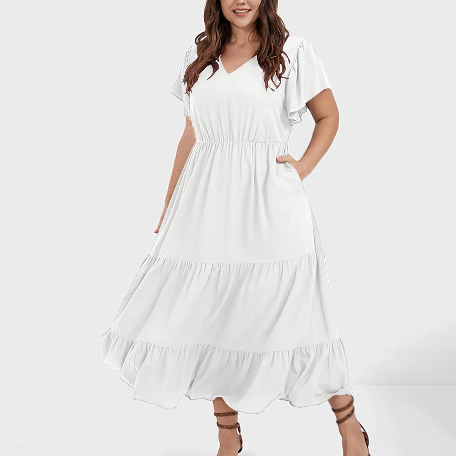 Manon Women's Dress – Bohemian V-Neck Short Sleeve A-Line Flowing Summer Dress Plus Size