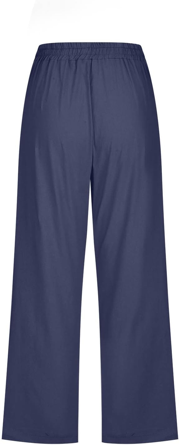 Vinia Dámske Capri Nohavice Ľanové – Široký Strih, Elastický Pás, Ľahké Letné Elegantné