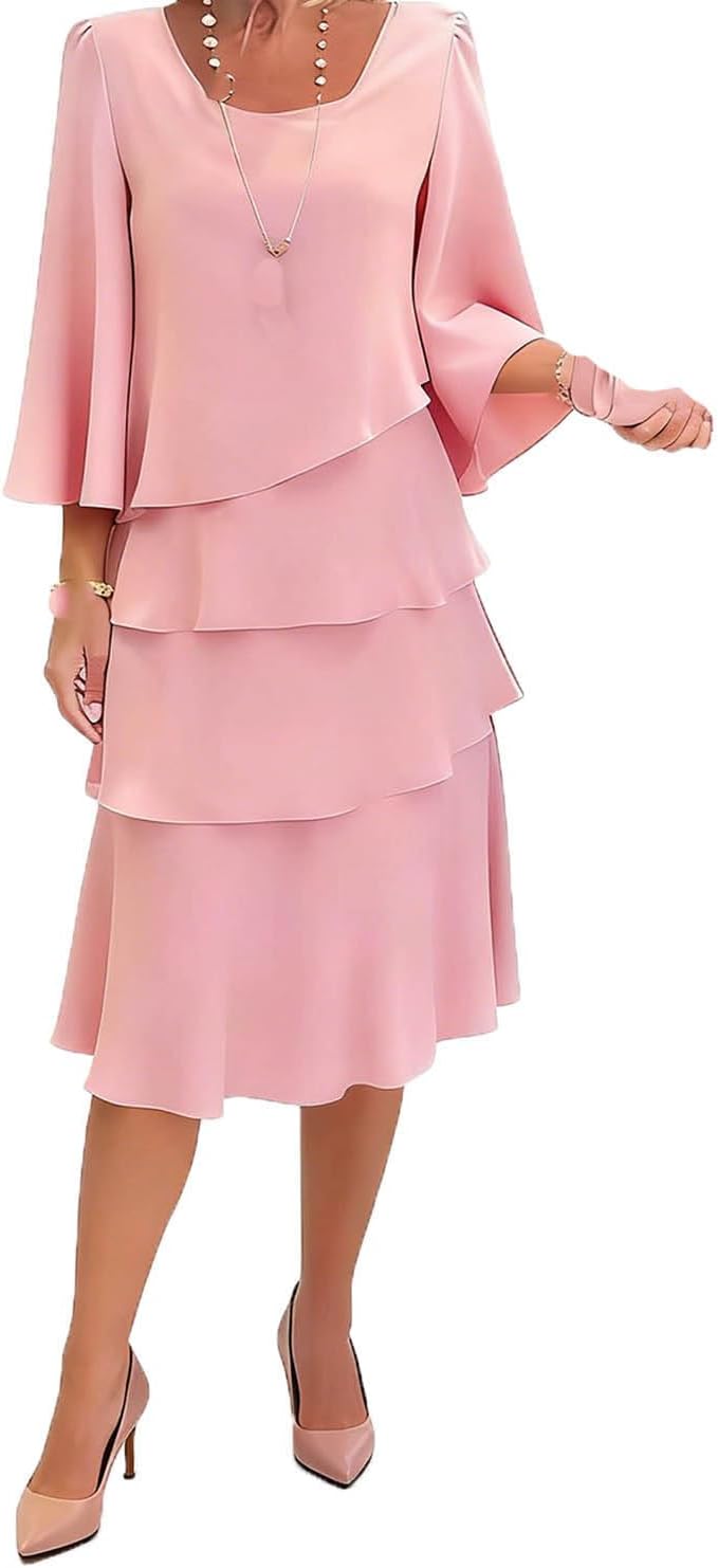 Camille Abito Donna – Abito Midi Volant Maniche Svasate Elegante Cocktail Matrimonio