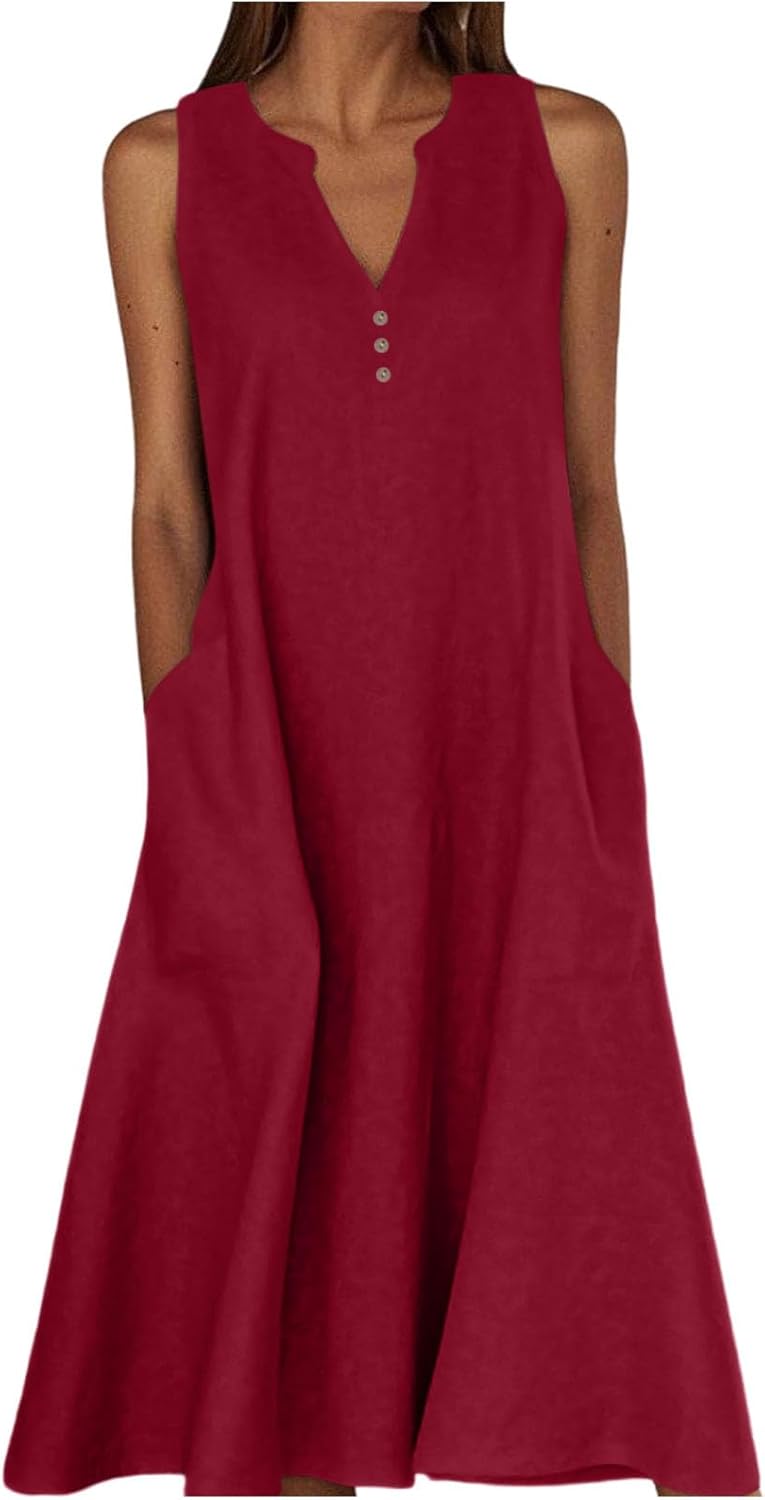 Camille Vestido Mulher – Vestido Maxi Linho Decote em V Sem Mangas com Botões Bolsos Verão