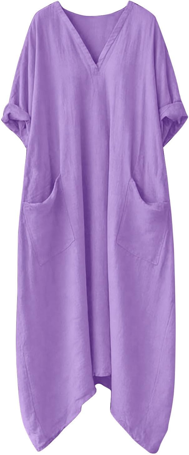 Mila kjole til kvinder – maxi linnedkjole med V-hals, 3/4 ærmer, A-formet oversize pasform, sommer
