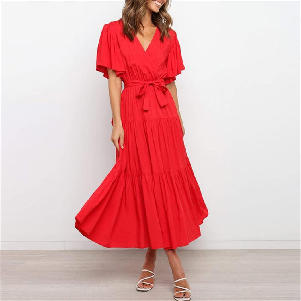 Elisa Damenkleid – Maxikleid mit V-Ausschnitt, hoher Taille, Volants, Boho-Sommer, elegant