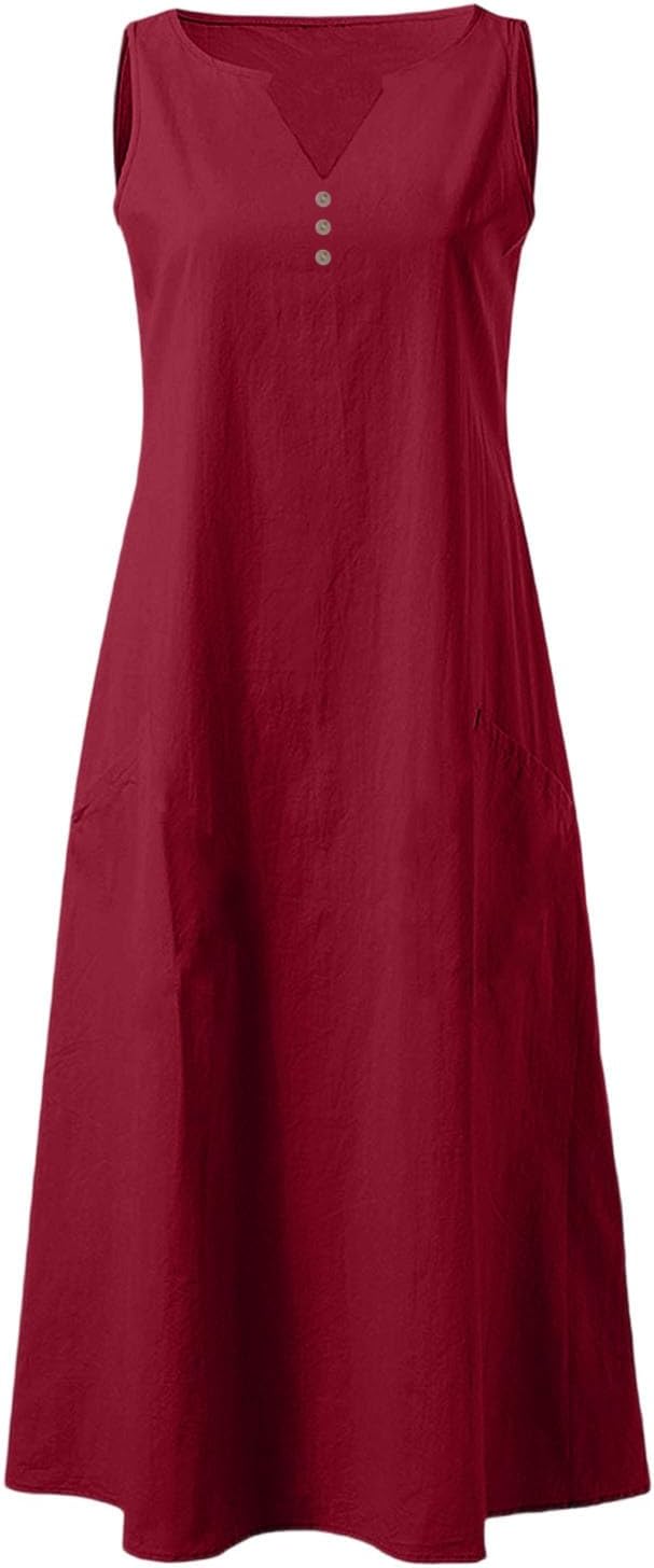 Camille Vestido Mulher – Vestido Maxi Linho Decote em V Sem Mangas com Botões Bolsos Verão